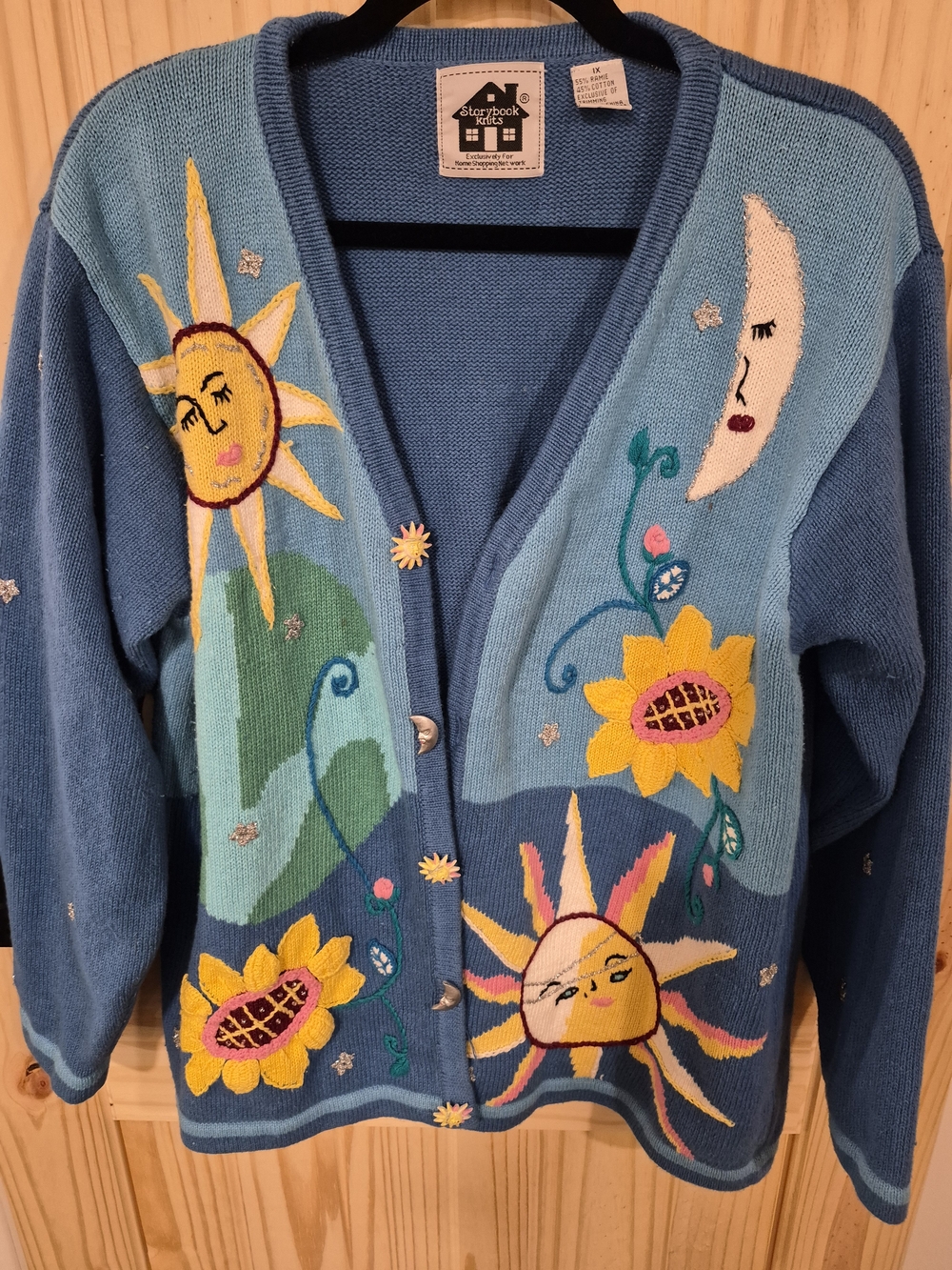 Storybook Knits Blue Sun Moon & Sunflower Embroidered Cardigan